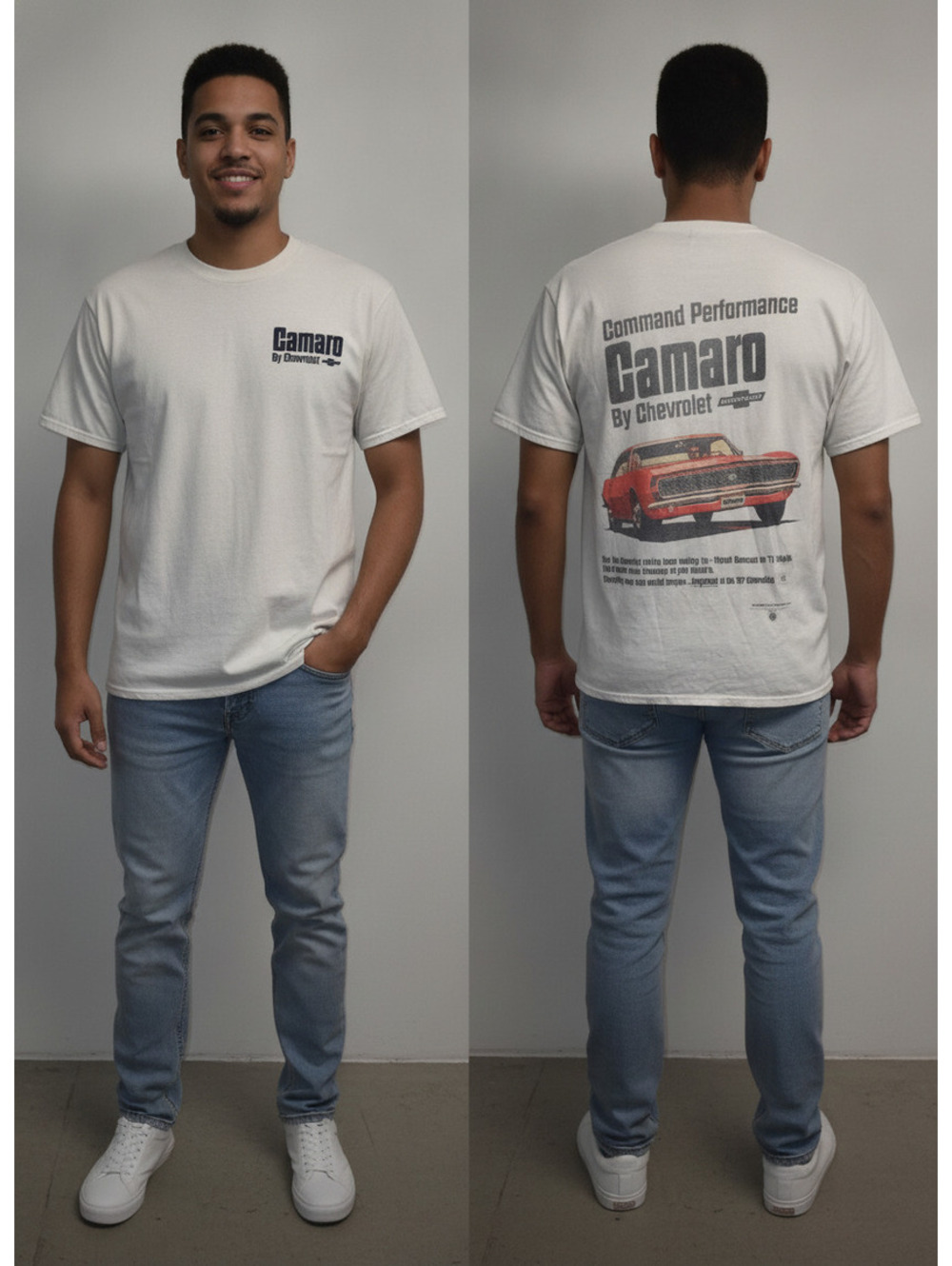 Chemistry Camaro Chevrolet Cream Graphic T-Shirt Size Large Vintage Car Tee